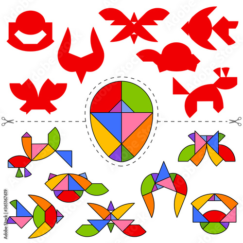 Set of vector tangram Egg (geometric puzzle) for the development of logical thinking of children and adults. Collection of 7 animals shapes and answer card. Vector illustration