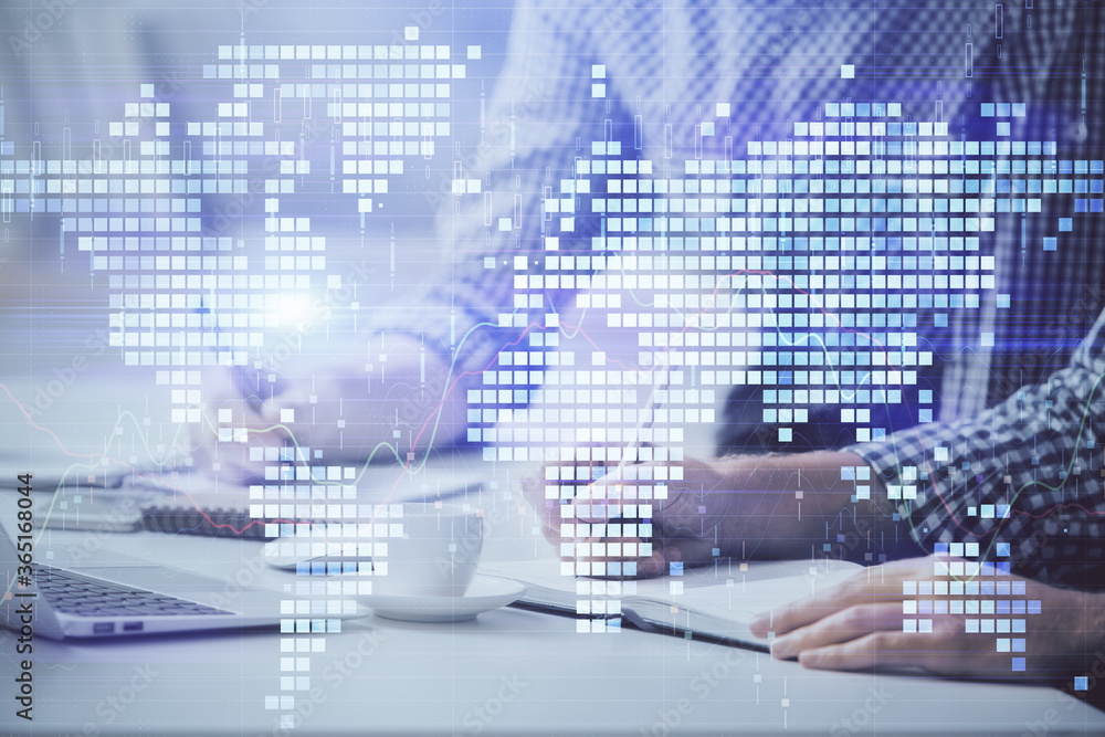 Multi exposure of businessman working on laptop on background. International business hologram in front. Concept of success. Multi exposure of businessman working on laptop on background. International business hologram in front. Concept of success.