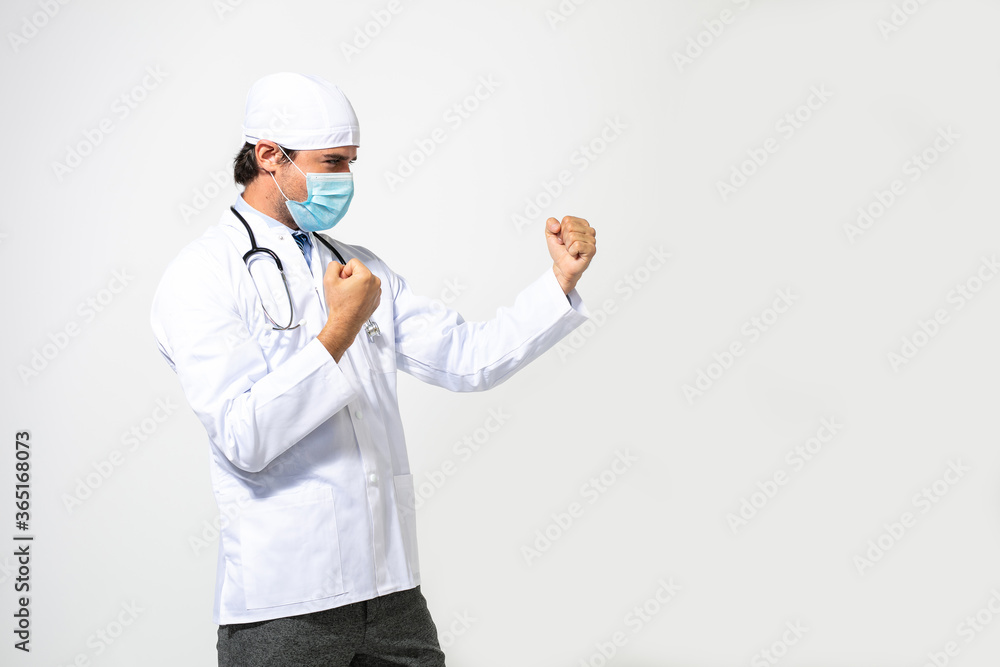 doctor with uniform and mask protection on white