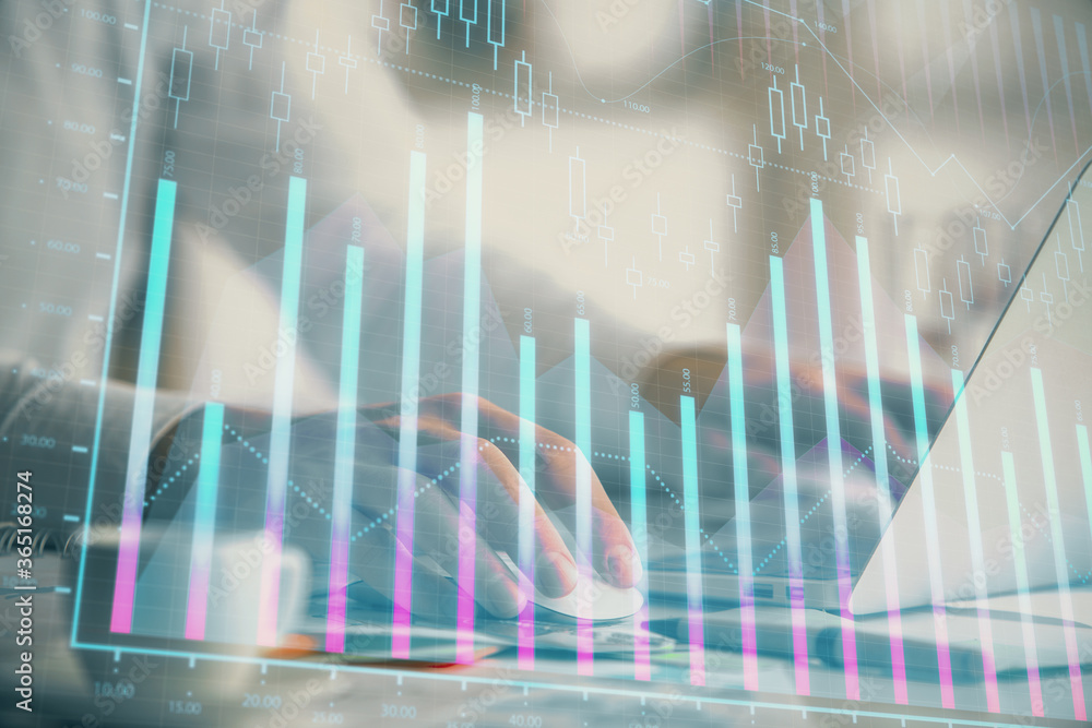 Double exposure of forex graph with man working on computer on background. Concept of market analysis. Double exposure of forex graph with man working on computer on background. Concept of market analysis.