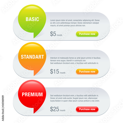 Comparison table - infographics with three different points (tariff subscription plan) with headline icons, sample text and Purchase button - vector web site or presentation element
