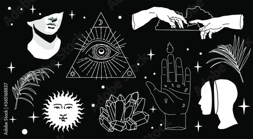 Set of hand drawn vector illustrations for stickers, patches and fashion badges. Snake, pyramid, fern leaves, the eye of providence symbols on dark background.