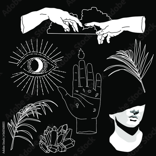 Set of hand drawn vector illustrations for stickers, patches and fashion badges. Snake, pyramid, fern leaves, the eye of providence symbols on dark background.