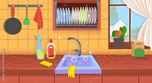 Kitchen sink with clean dishes.Clean kitchen. A concept for cleaning companies.Flat cartoon vector illustration.