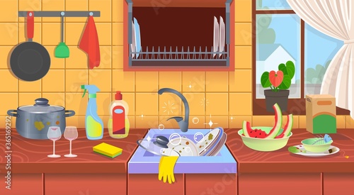 Kitchen sink with dirty dishes.Dirty kitchen. A concept for cleaning companies.Flat cartoon vector illustration. © NADEZHDA