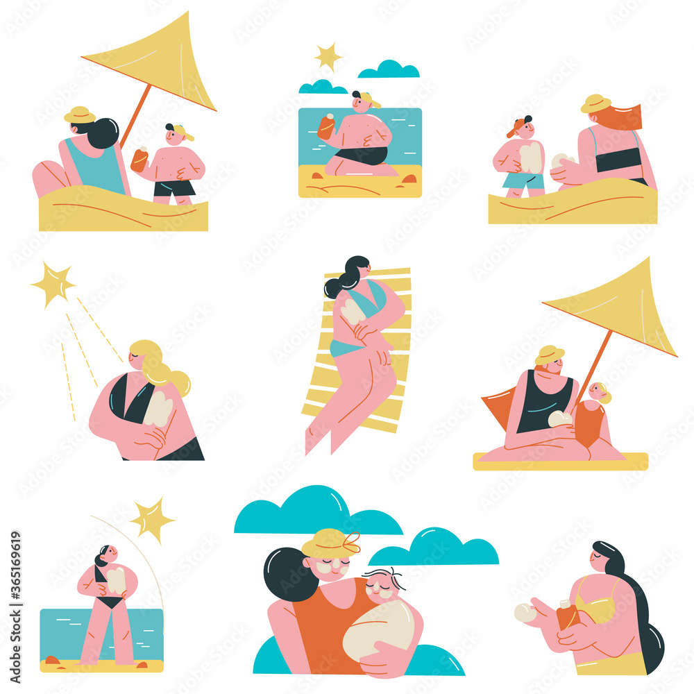 Set of women with children using sunscreen for sun protection on beach Set of women with children using sunscreen for sun protection on beach