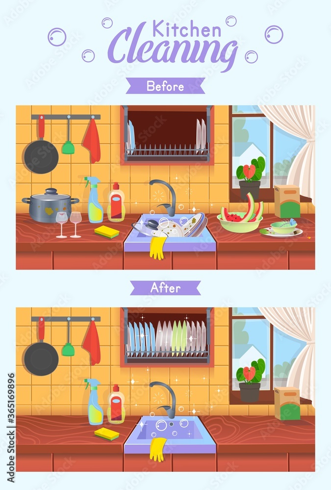 Clean and dirty kitchen. Kitchens sinks with clean and dirty dishes. A  concept for cleaning companies. Before and After Cleaning. Flat cartoon  vector illustration. Stock Vector | Adobe Stock