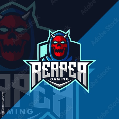 Grim reaper skull head mascot gaming logo design vector with modern illustration concept style for badge, emblem and t shirt printing. Angry reaper illustration for sport and e-sport team