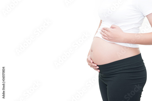pregnancy with her hand on white background