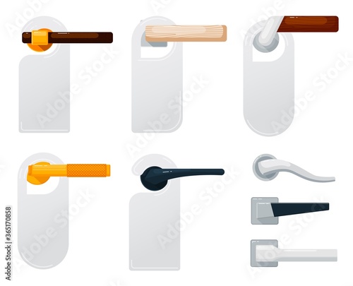Door hanger set. Isolated blank hotel room closed door hanger sign tag mockups hanging on wooden and metal handles icon collection. Vector privacy and security concept