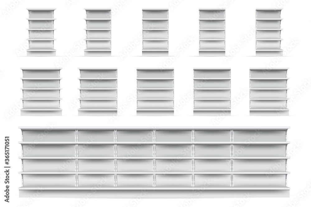 Shop shelves set. Isolated empty supermarket store showcase shelve icon collection. Realistic blank white retail shop display shelves front view. Vector market and business concept Shop shelves set. Isolated empty supermarket store showcase shelve icon collection. Realistic blank white retail shop display shelves front view. Vector market and business concept
