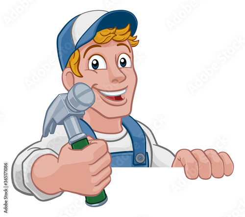 A handyman carpenter or builder cartoon man holding a hammer. Construction maintenance worker or DIY character mascot. Peeking over a sign