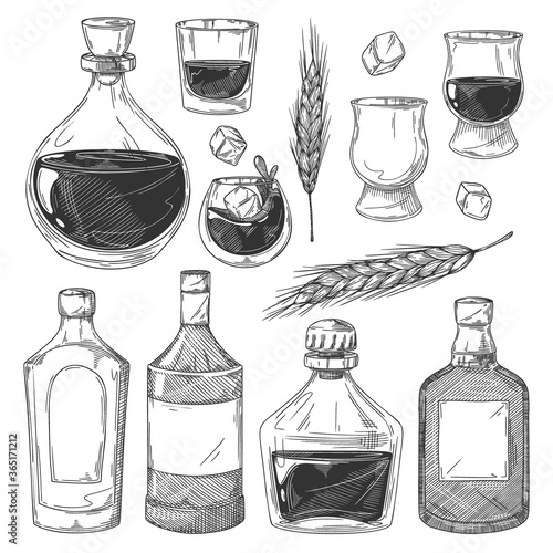 Whiskey bottles sketch set. Isolated scotch whiskey drink glasses, bottles with blank labels, ice cubes, barley ears icon collection. Vector vintage alcohol beverage illustration