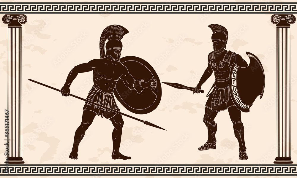 Naklejka Walczą dwaj starożytni greccy wojownicy z bronią w rękach.