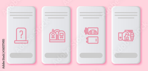 Set line Grave with tombstone, , Crematorium and Death certificate in hand. White rectangle button. Vector.