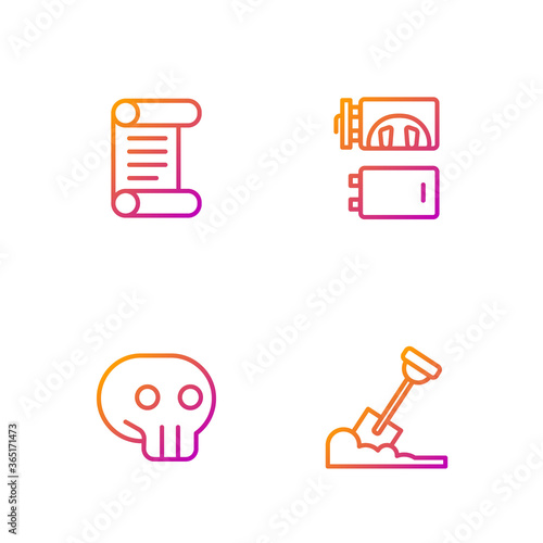 Set line Shovel in the ground, Skull, Decree, parchment, scroll and Crematorium. Gradient color icons. Vector.