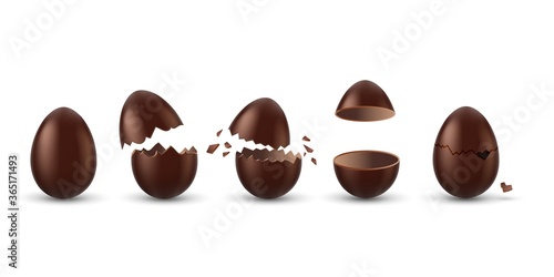 Chocolate eggs set. Isolated whole, broken, exploded, cracked and open brown eggs collection. Realistic sweet chocolate candy dessert icons. Vector Easter holiday celebration concept