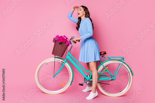 Full length body size profile side view of her she attractive cheerful wavy-haired lady riding bike wearing smart casual searching way direction journey rout isolated pink pastel color background © deagreez
