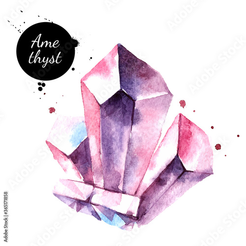 Watercolor hand drawn amethyst gemstone crystal mineral illustration. Vector painted sketch isolated on white background