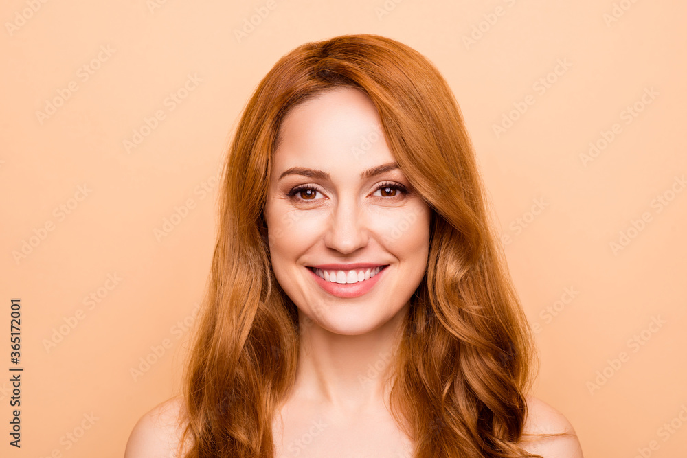 Close-up portrait of nice-looking attractive sweet lovely nude naked pure perfect cheerful wavy-haired lady after facial therapy treatment isolated over beige pastel background Close-up portrait of nice-looking attractive sweet lovely nude naked pure perfect cheerful wavy-haired lady after facial therapy treatment isolated over beige pastel background