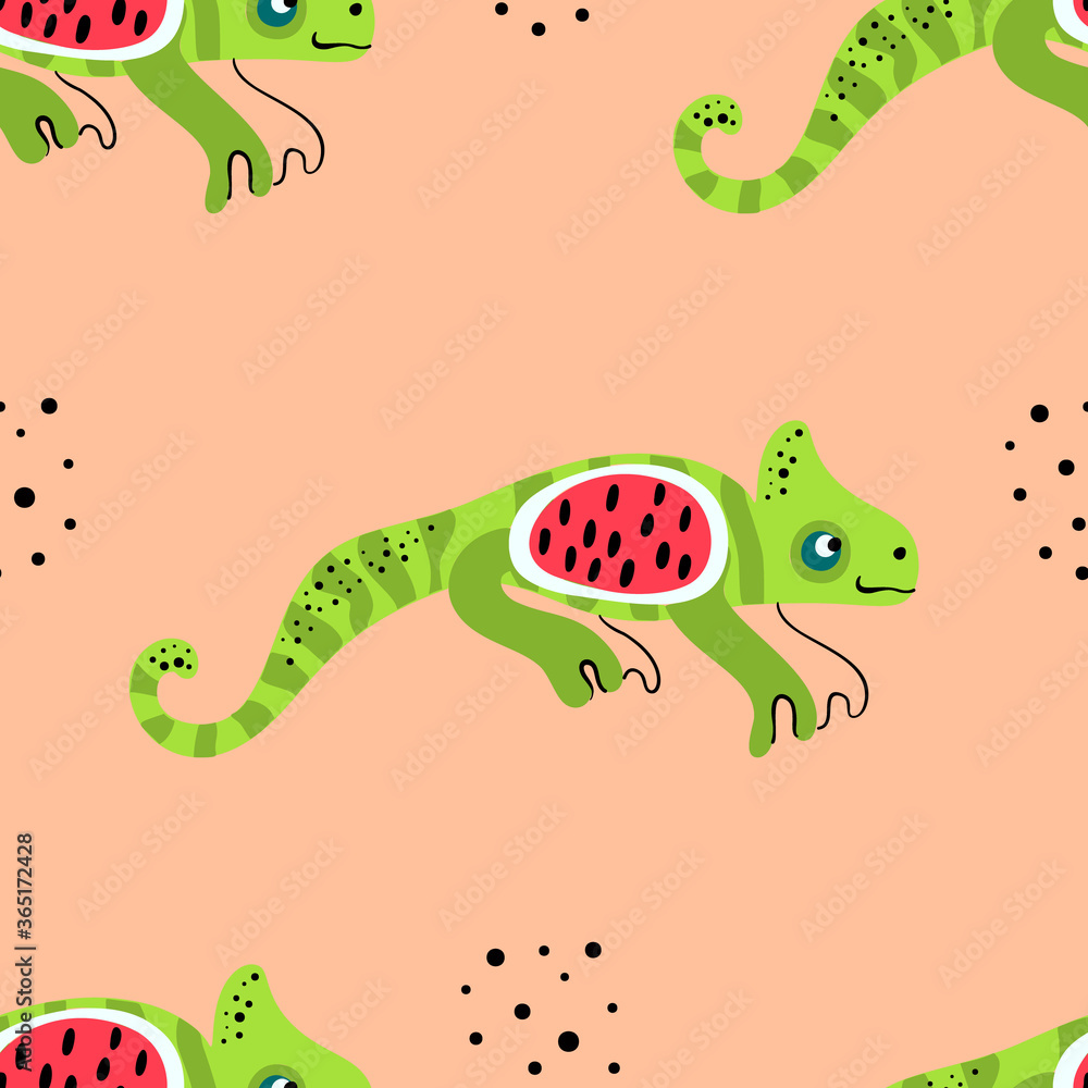 Naklejka premium Chameleon and watermelon vector seamless pattern