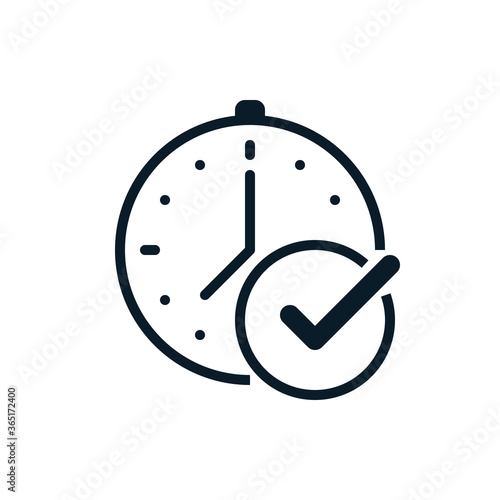 Check mark, approved with clock outline icons. Vector illustration. Editable stroke. Isolated icon suitable for web, infographics, interface and apps.
