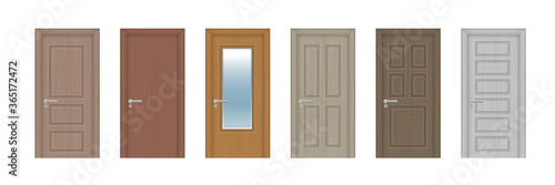 Vector set. Six wooden realistic doors of different designs. photo