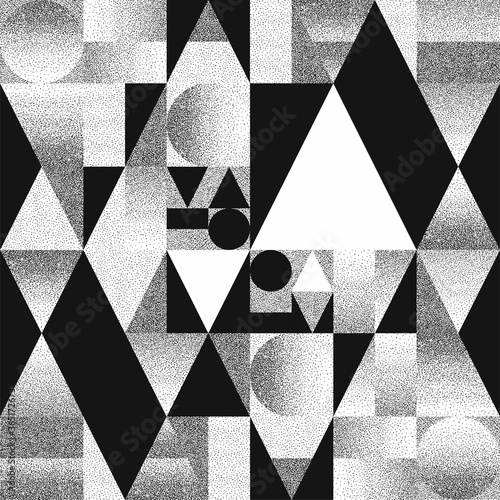 Graphic design. Abstract composition of geometric shapes with chaotic scatter dots gradients. Black and white pattern, background, cover , layout , magazine, brochure , poster. photo