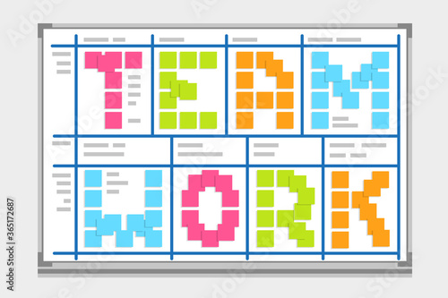 Scrum task board whiteboard hanging in a team room full of tasks on sticky note cards. Teamwork.