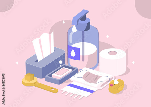 Hygienic Products in Bathroom. Liquid Soap, Shower Brush, Toilet Paper, Cleaning Tissues, Towel and Medical Mask. Accessorizes for Bath, Shower and Health Care. Flat Isometric Vector Illustration.