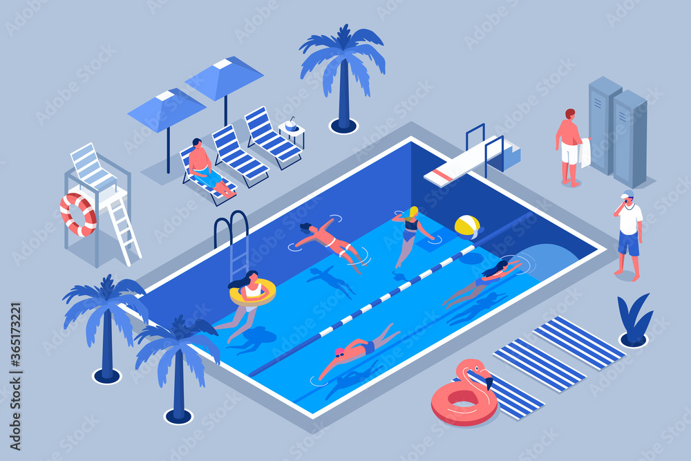 People Characters Swimming in Public Swimming Pool in Summer. Man and Woman wearing Swimsuits Sunbathing,  Lying and Floating on Water. Summer Vacation Concept. Flat Isometric Vector Illustration.