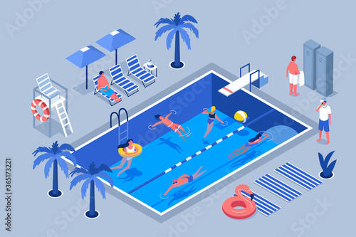 People Characters Swimming in Public Swimming Pool in Summer. Man and Woman wearing Swimsuits Sunbathing, Lying and Floating on Water. Summer Vacation Concept. Flat Isometric Vector Illustration.