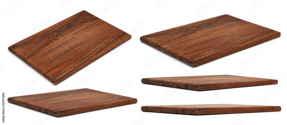 Wooden chopping Board isolated on white. Set of Cutting Boards in different angles shots in collage for your design. Wood kitchen board rectangle form. - obrazy, fototapety, plakaty 