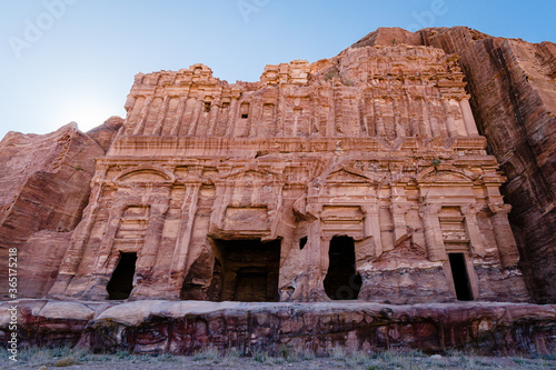 Stone carved facade of the Royal Tomb, a famous landmark and viewpoint in world heritage site of Petra, Jordan, Middle East