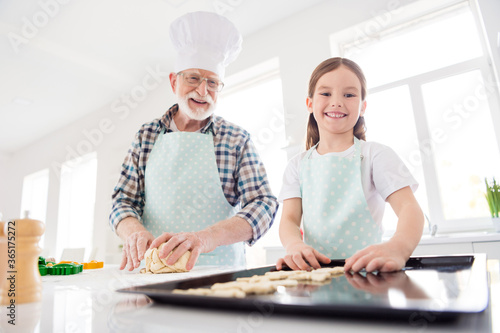 Portrait of nice cheerful grey-haired granddad teaching grandchild learning cooking cuisine fresh tasty yummy cookies sweet snack help assistance in modern light white interior kitchen house