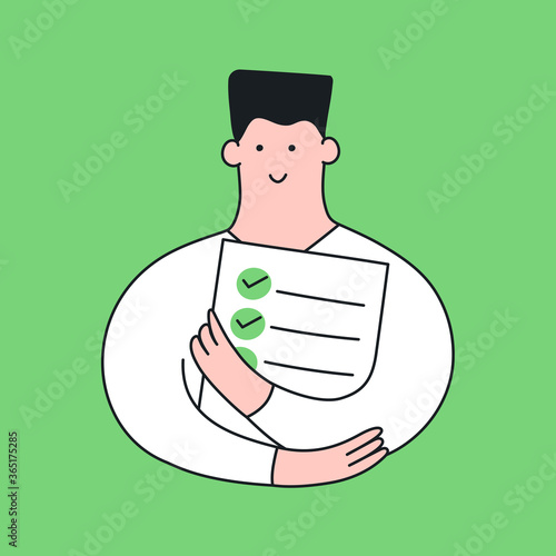 Cute cartoon man holding to do list with green ticks. Project management  notes  Task list planning and control  exam  urgent business. Flat line modern isolated vector illustration on yellow.