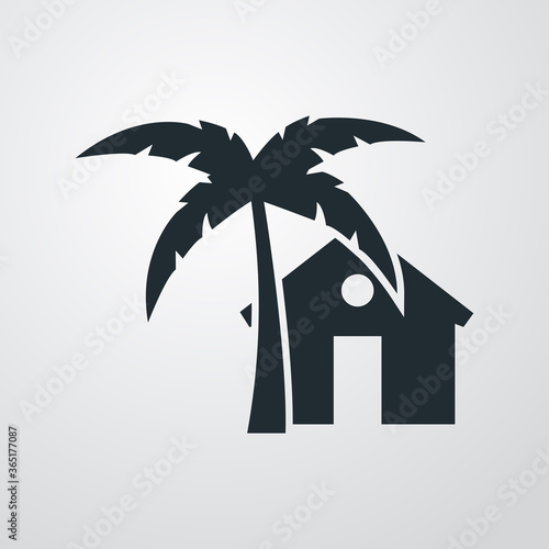 Concepto destino de vacaciones de verano. Icono plano con casa de playa con palmera en fondo gris