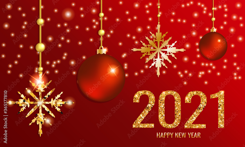 Greeting card with Happy New Year 2021. Christmas background with shiny snowflakes, Christmas toys and numbers 2021. Vector illustration Greeting card with Happy New Year 2021. Christmas background with shiny snowflakes, Christmas toys and numbers 2021. Vector illustration