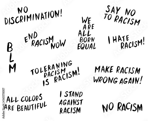 Set of vector lettering handwritten on theme of antiracism, protesting against racial inequality and revolutionary design. For flyers, stickers, posters, action, slogan