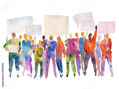 Hand drawn watercolor illustration of a group of people holding placards. Prosperous crowd with banners in their hands.
