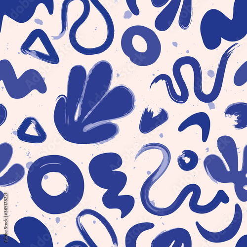 Blue abstract naive doodle seamless vector pattern. Modern trendy textured art background with naive doodle brush stroke shapes. Surface pattern design.