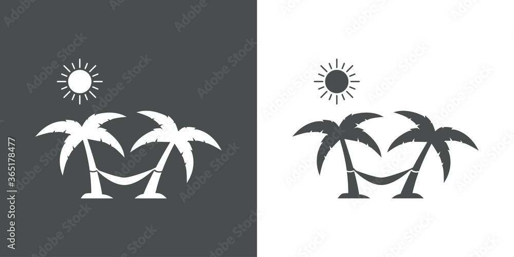 Concepto destino de vacaciones de verano. Icono plano hamaca colgada entre palmeras en playa en fondo gris y fondo blanco	