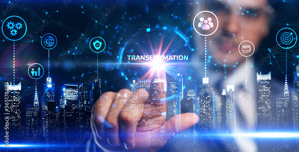 Business, Technology, Internet and network concept. Businessman presses button transformation on virtual screens. Business, Technology, Internet and network concept. Businessman presses button transformation on virtual screens.