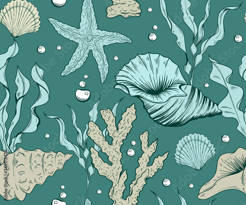 Seamless marine pattern with corals and algae