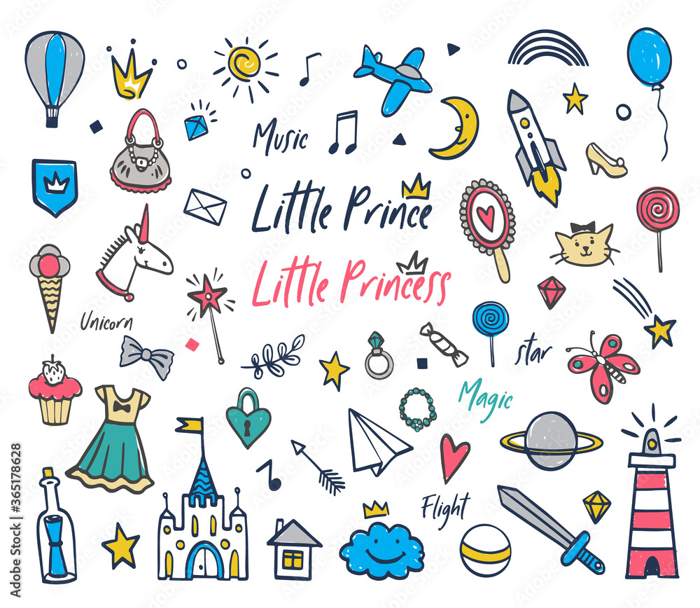 Plakat Prince princess cute doodle vector elements set. Baby girl and baby boy children background. Little princess and little princes sign. Children birthday icon set. Cartoon fairytale party background