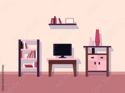 interior, living room, tv, bookcase, vase, shelf, coffee table, locker, vector illustration