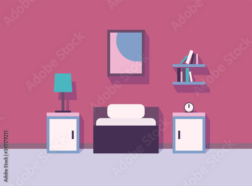 interior, bedroom, bed, lamp, nightstand, bookshelf, picture, vector illustration