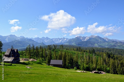 Tatra Mountains panorama seen from viewing point near Bukowina Tatrzanska. Gorgeous mountain range with high rocky peaks and green farming fields in sunny summer day, Podhale, Poland  photo