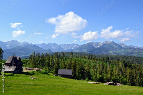 Tatra Mountains panorama seen from viewing point near Bukowina Tatrzanska. Gorgeous mountain range with high rocky peaks and green farming fields in sunny summer day, Podhale, Poland 