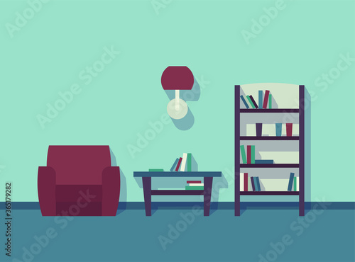 interior, green room, armchair, coffee table, lamp, bookcase, vector illustration